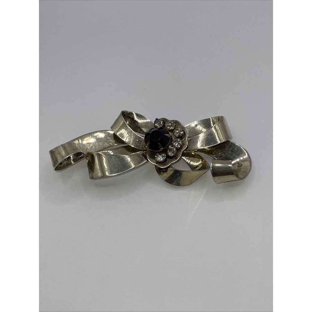 VTG Large Sterling Silver 925 Bow with Dark Red & Clear Rhinestones Brooch‎ Pin